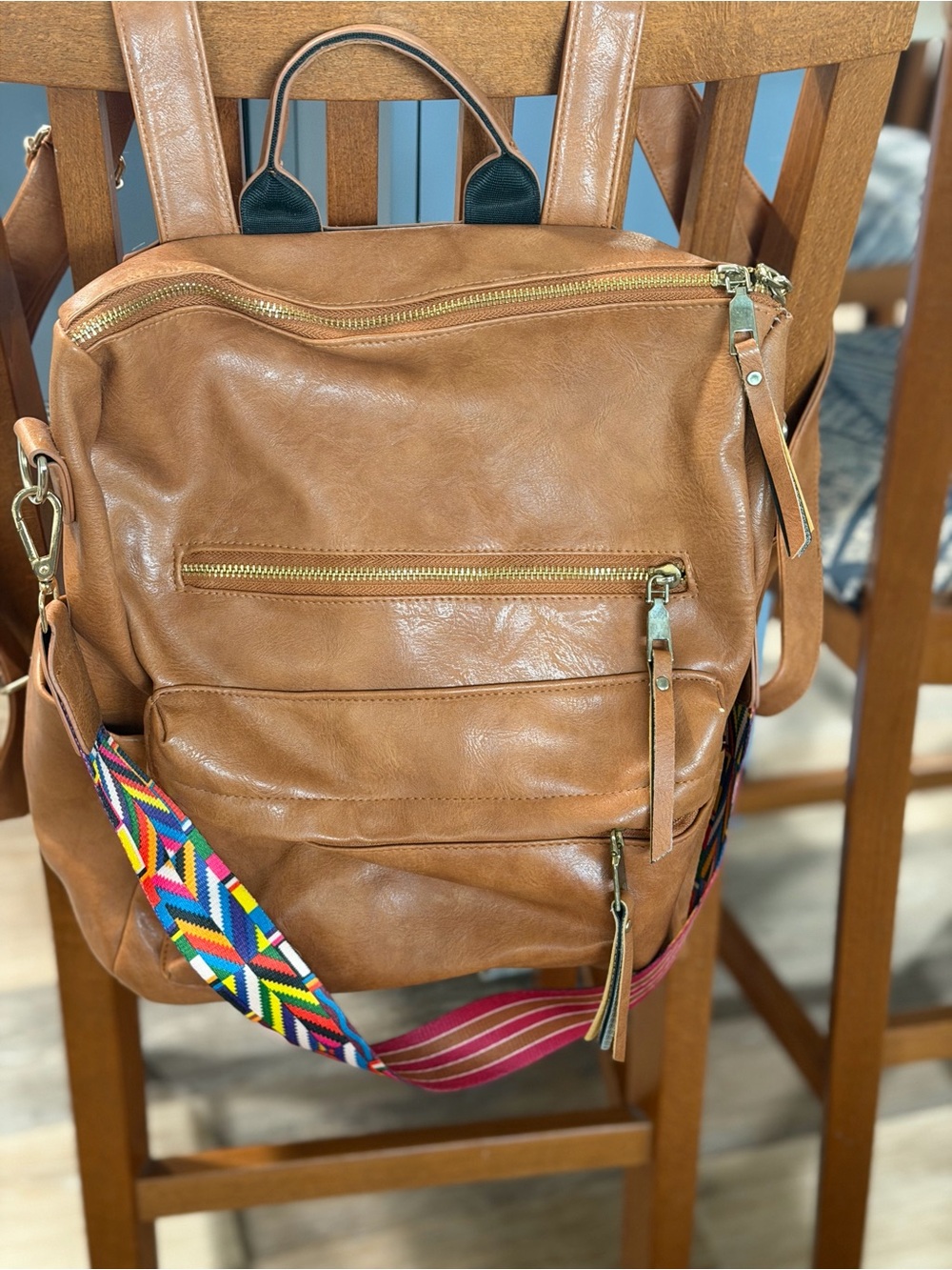 Tan Faux Leather Backpack with Colorful Woven Strap